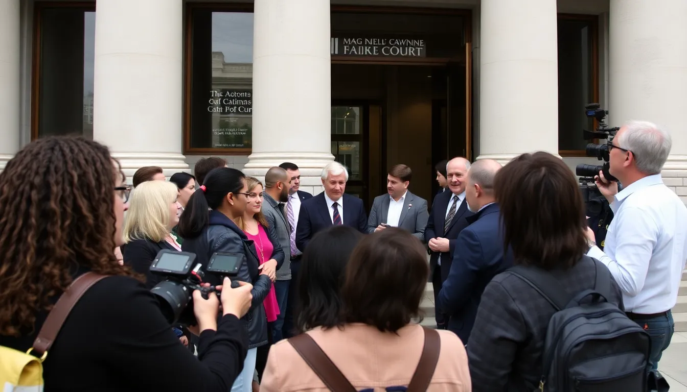 A group of people gathers outside a courthouse, discussing the recent dismissal of lawsuits against author Neil Gaiman, as news reporters capture the scene.