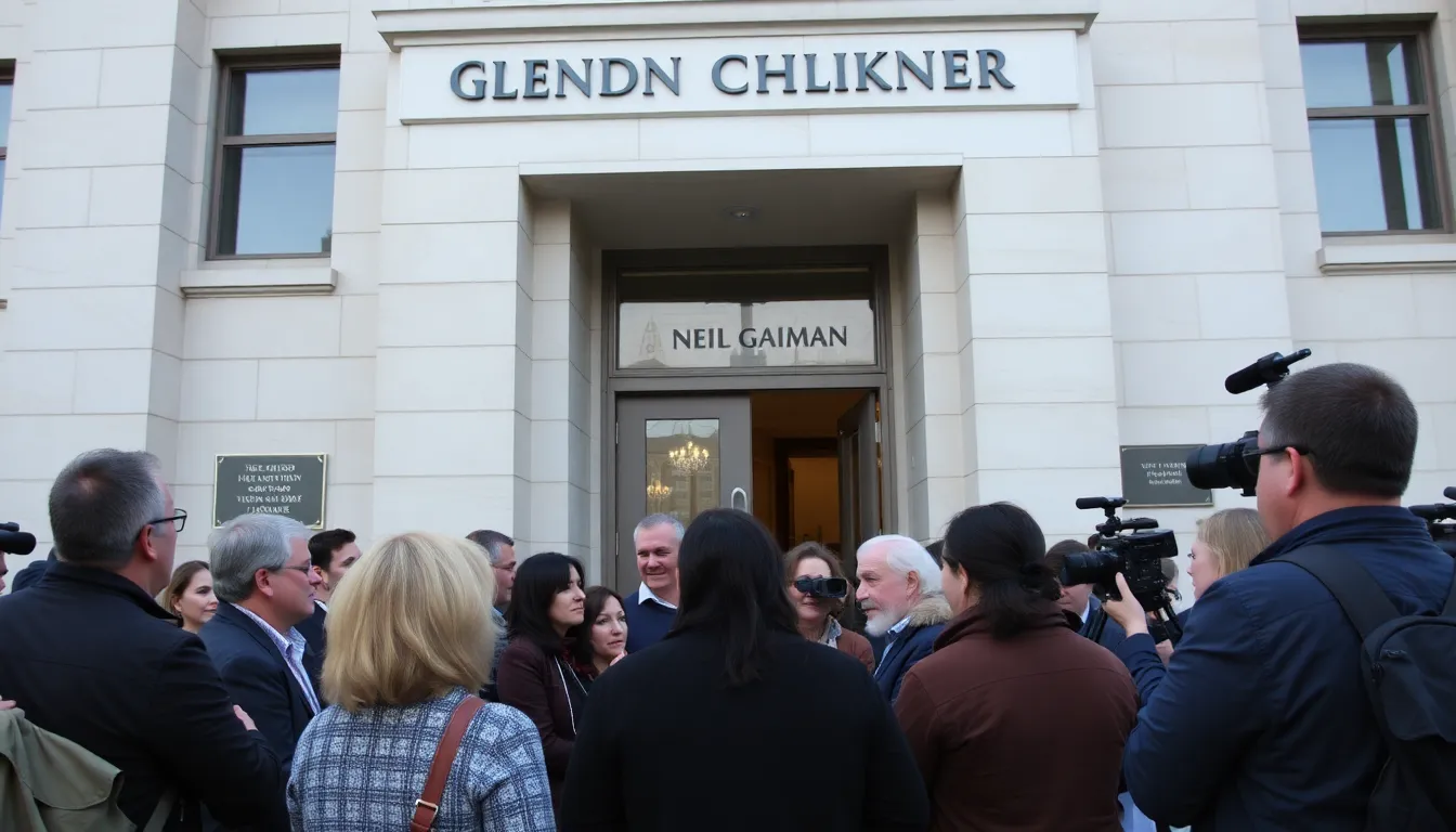 An image capturing Neil Gaiman at a literary event, emphasizing his public persona and the impact of the recent allegations on his career