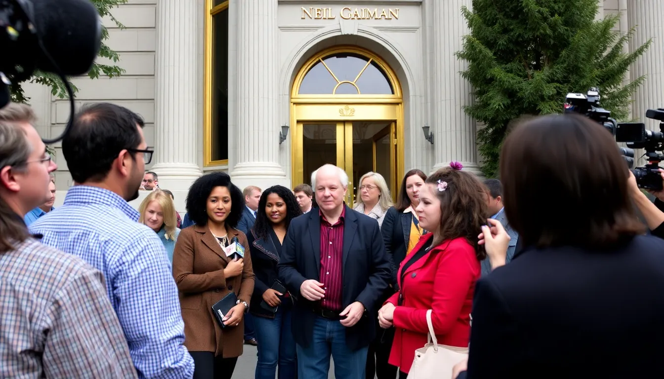 A group of individuals engaged in a discussion about accountability in the arts, reflecting the broader societal implications of the allegations against Gaiman