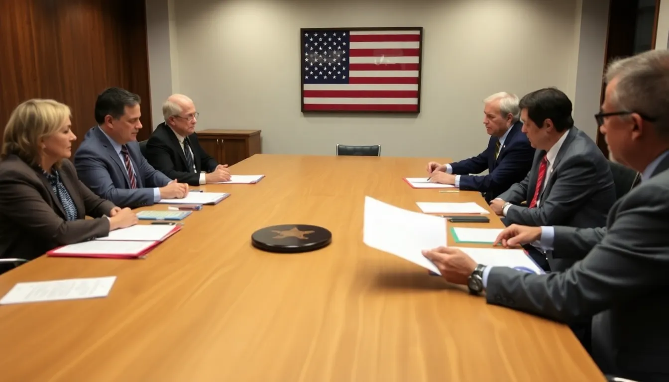 A group of US officials discusses strategies at a conference table, highlighting plans to reduce reliance on China for critical minerals essential for technology and renewable energy.