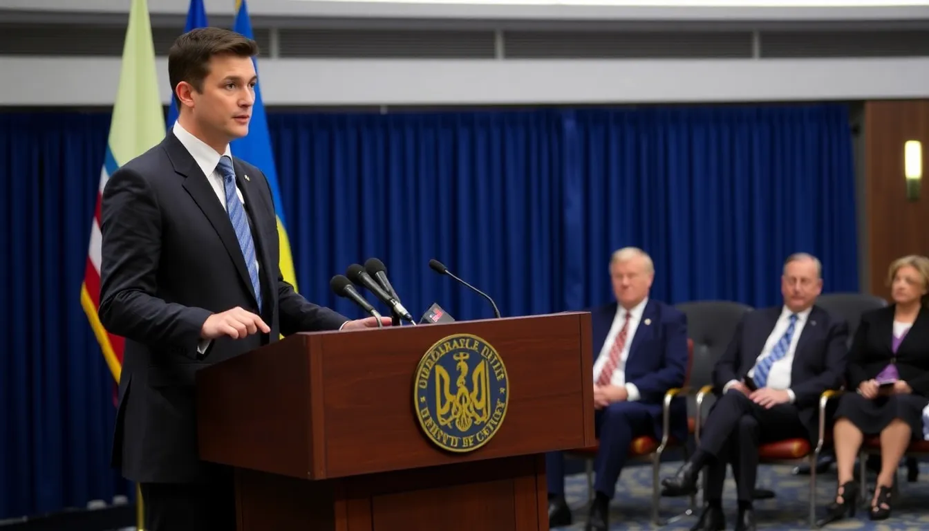 Ukrainian President Volodymyr Zelensky speaks at a podium during a press conference, emphasizing the urgency for a resolution to the ongoing conflict with Russia as U.S. officials listen attentively in the background.