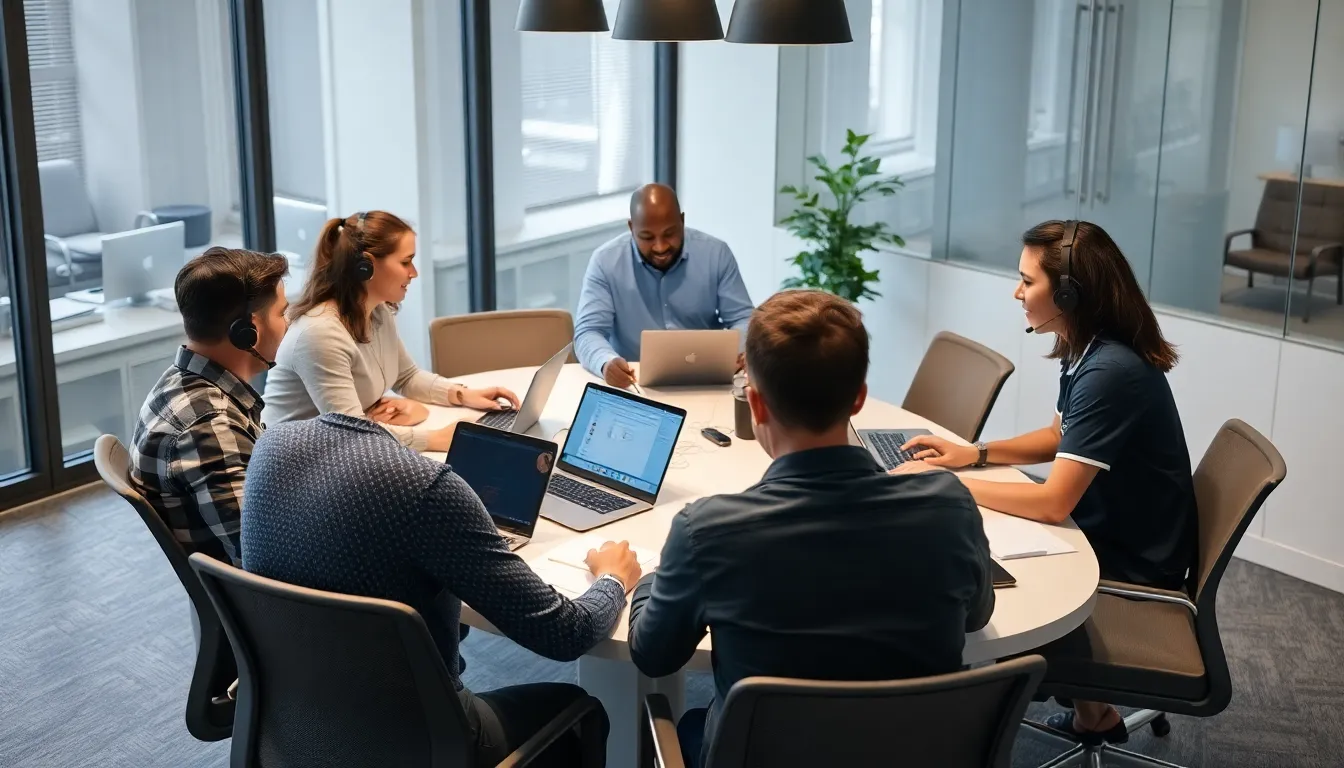 A group of tech support staff members discusses solutions at a conference table, surrounded by laptops and notes, following the resolution of recent user issues on platform X.