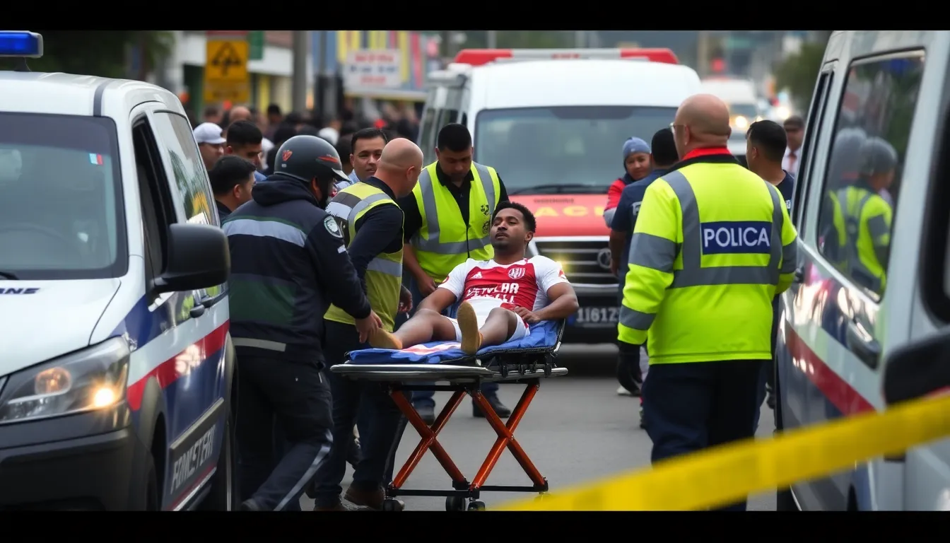 Emergency responders attend to former footballer Utai, who is lying on a stretcher with visible injuries after a shooting incident in his hometown.