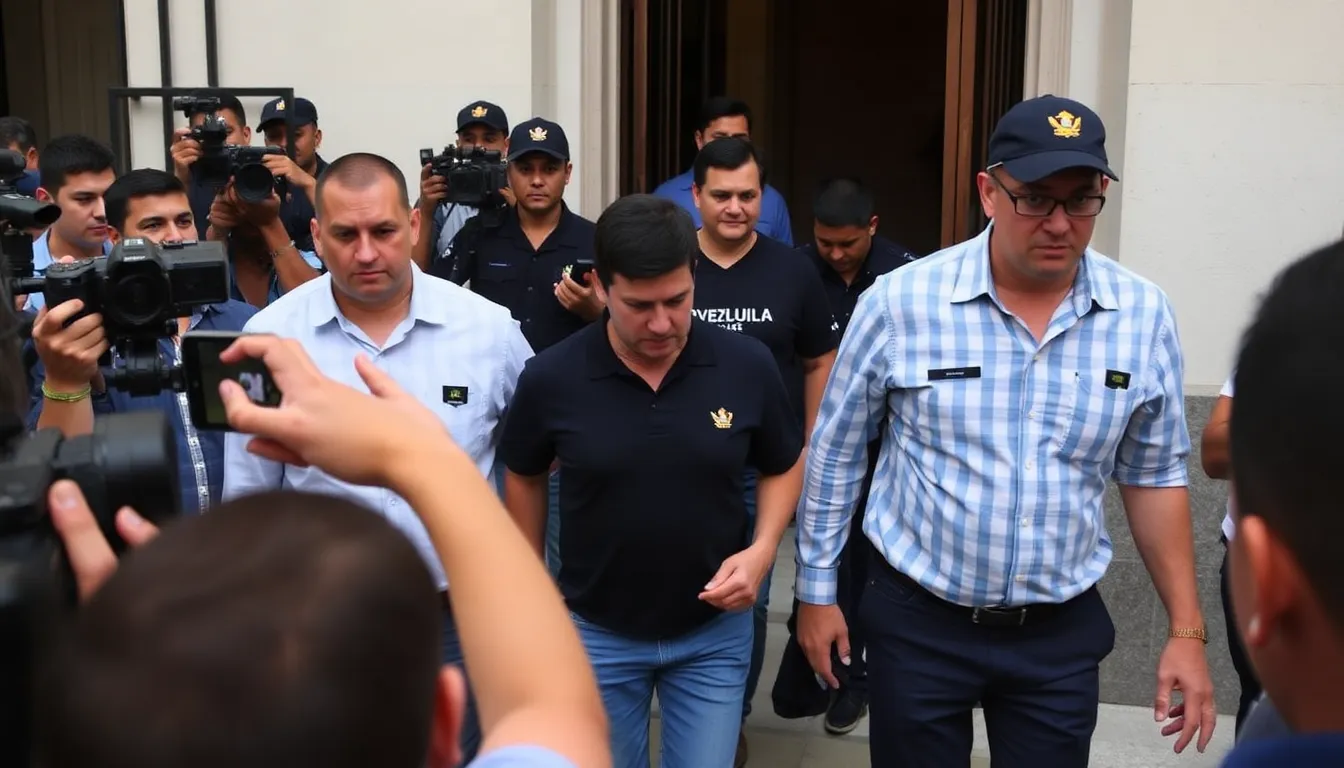 Venezuelan authorities escort detained allies of President Nicolás Maduro, surrounded by media and onlookers outside a government building in Caracas.