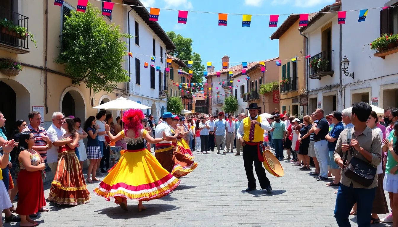 A vibrant street festival in an Italian village showcases Venezuelan music and dance, with colorful decorations and enthusiastic crowds celebrating cultural exchange.