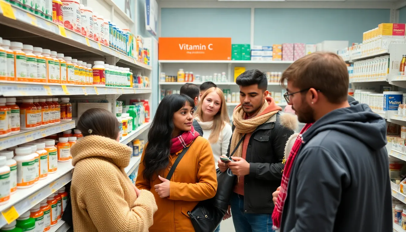 A group of people in a pharmacy examines various Vitamin C supplements while discussing their potential benefits for cold prevention.