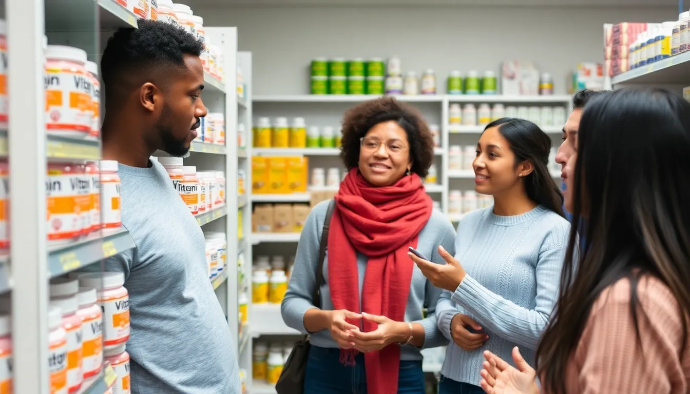 A busy pharmacy aisle filled with Vitamin C supplements, illustrating the high demand during cold and flu season