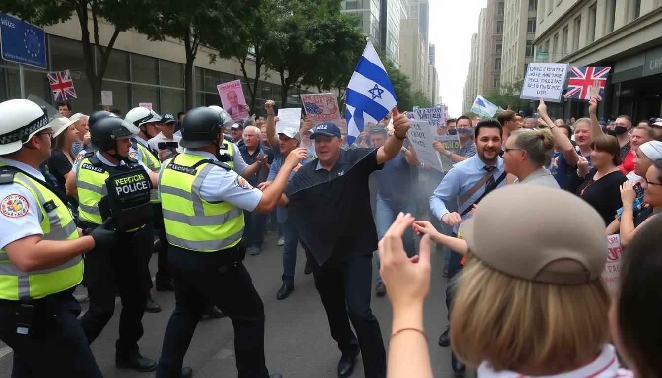 Protesters clash with police in Sydney during a demonstration against Israeli Prime Minister Benjamin Herzog, with officers using force to disperse the crowd amid rising tensions.