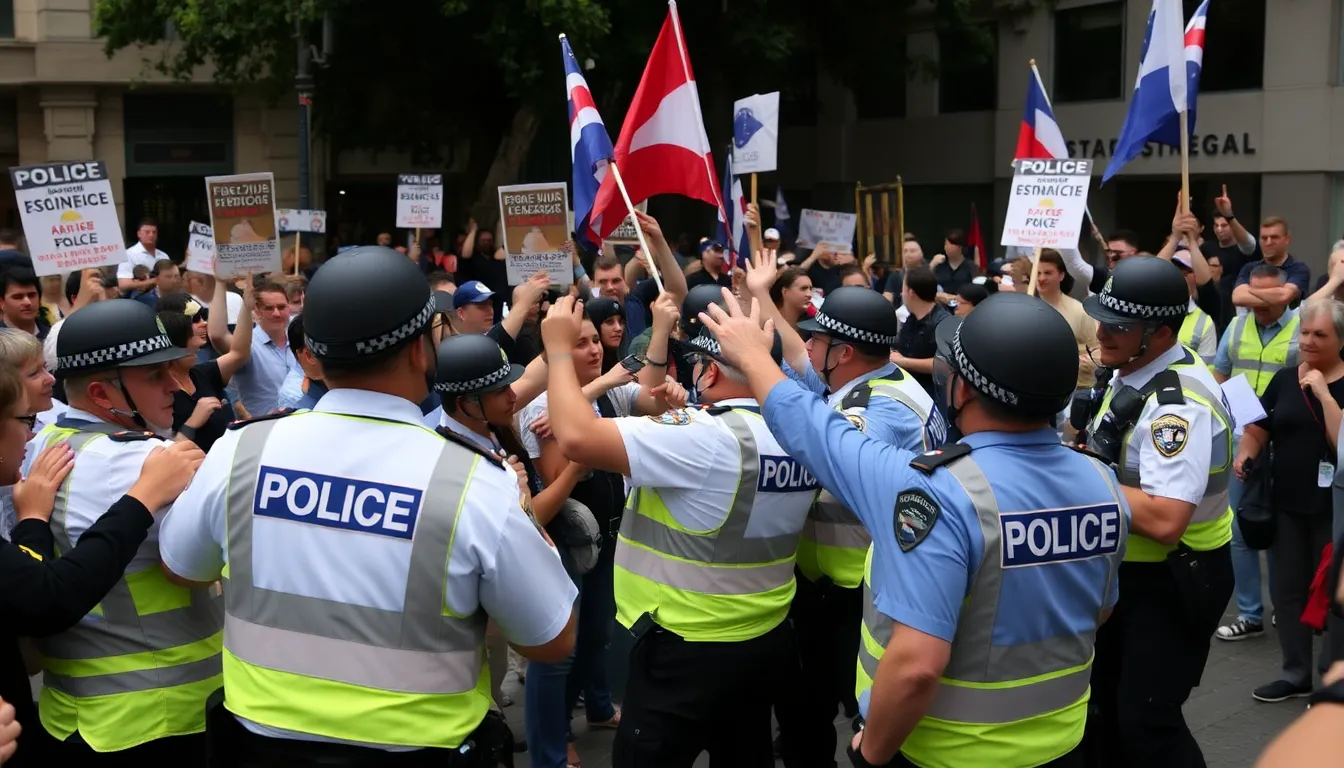 A tense confrontation unfolds between police and protesters, highlighting the escalating conflict during the antiHerzog protests in Sydney