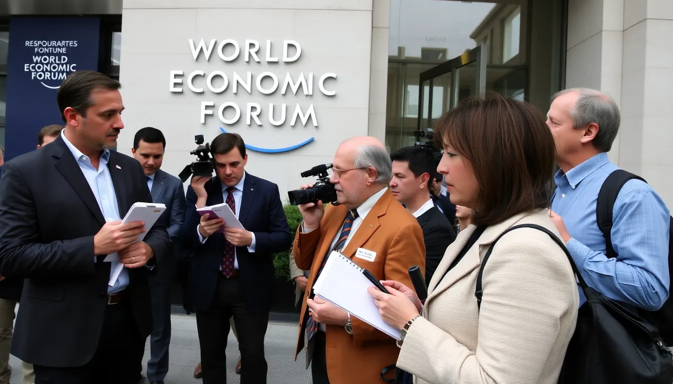 A group of journalists gathers outside the World Economic Forum headquarters, discussing the recent resignation of the president amid scrutiny over connections to Jeffrey Epstein.