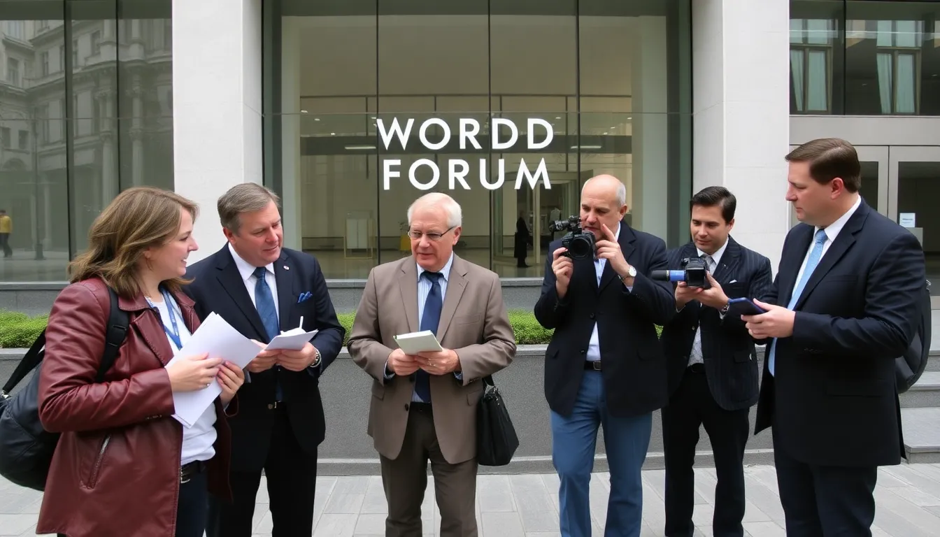 A bustling scene of business executives networking at a World Economic Forum event, highlighting the importance of collaboration in addressing global challenges