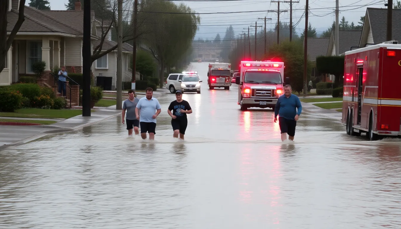 Residents navigate a flooded street in California, with water reaching the doorsteps of homes and emergency services responding to the crisis.