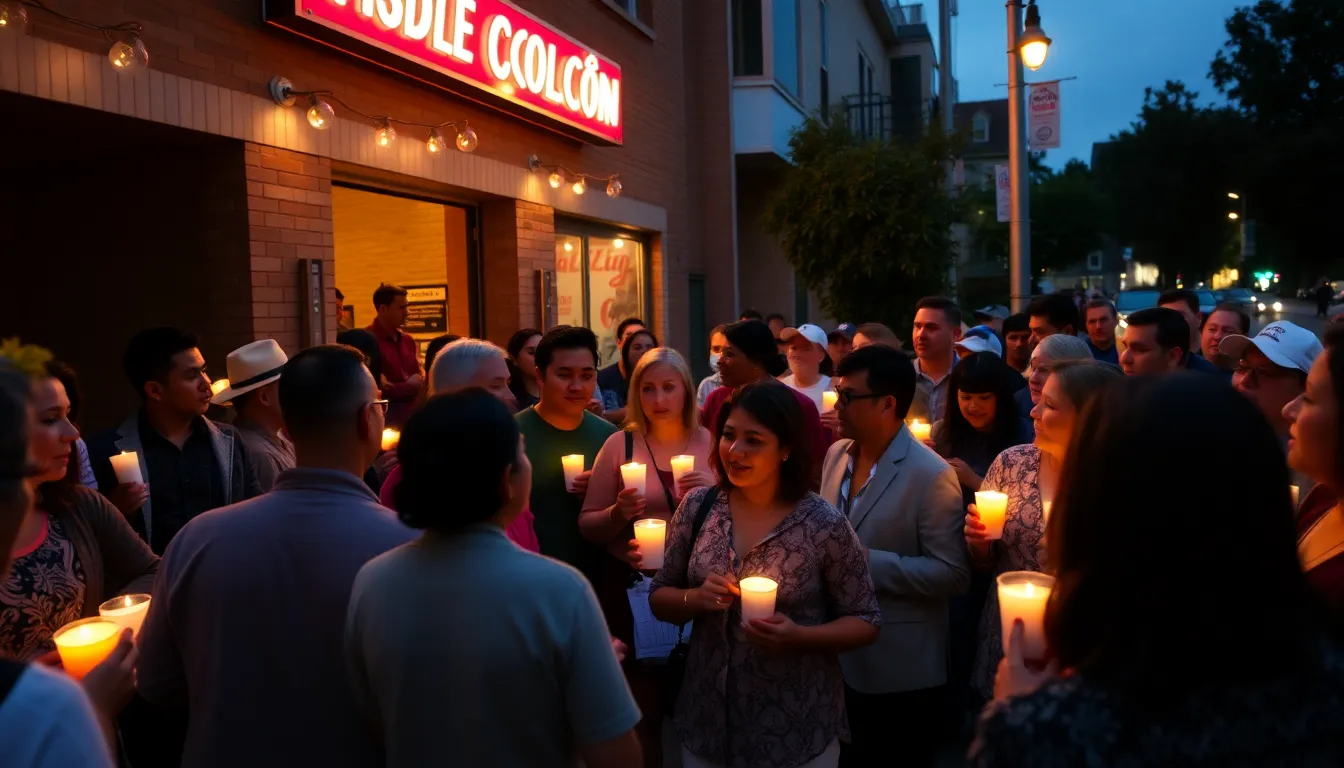 A crowd gathers to pay tribute to Willie Colón outside a music venue, holding candles and sharing memories of his influential contributions to salsa music.