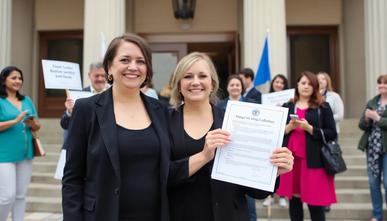 A woman stands outside a courthouse, smiling and holding a legal document, as supporters gather around her in celebration of her recent malpractice victory regarding gender surgery performed during her teenage years.