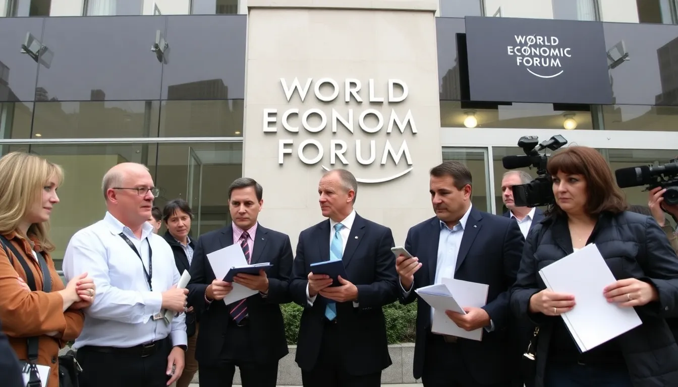 A closeup of a participant expressing concern during a panel discussion about the WEF's leadership integrity amid the Epstein controversy