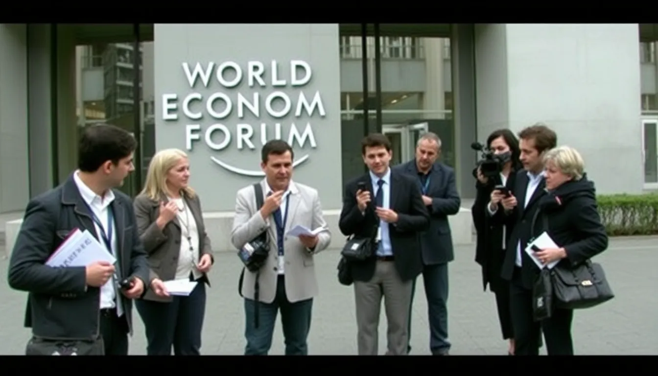 An image capturing the tension at a press conference where WEF representatives address questions regarding the organization's ties to Jeffrey Epstein