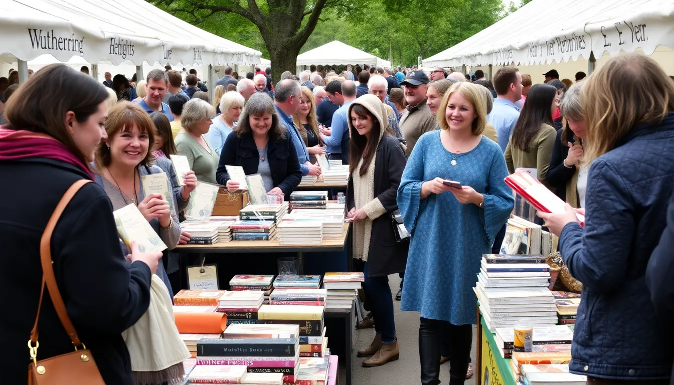 A bustling book fair showcases a variety of Wuthering Heights merchandise, including themed apparel and artisanal food products, attracting enthusiastic fans and collectors.