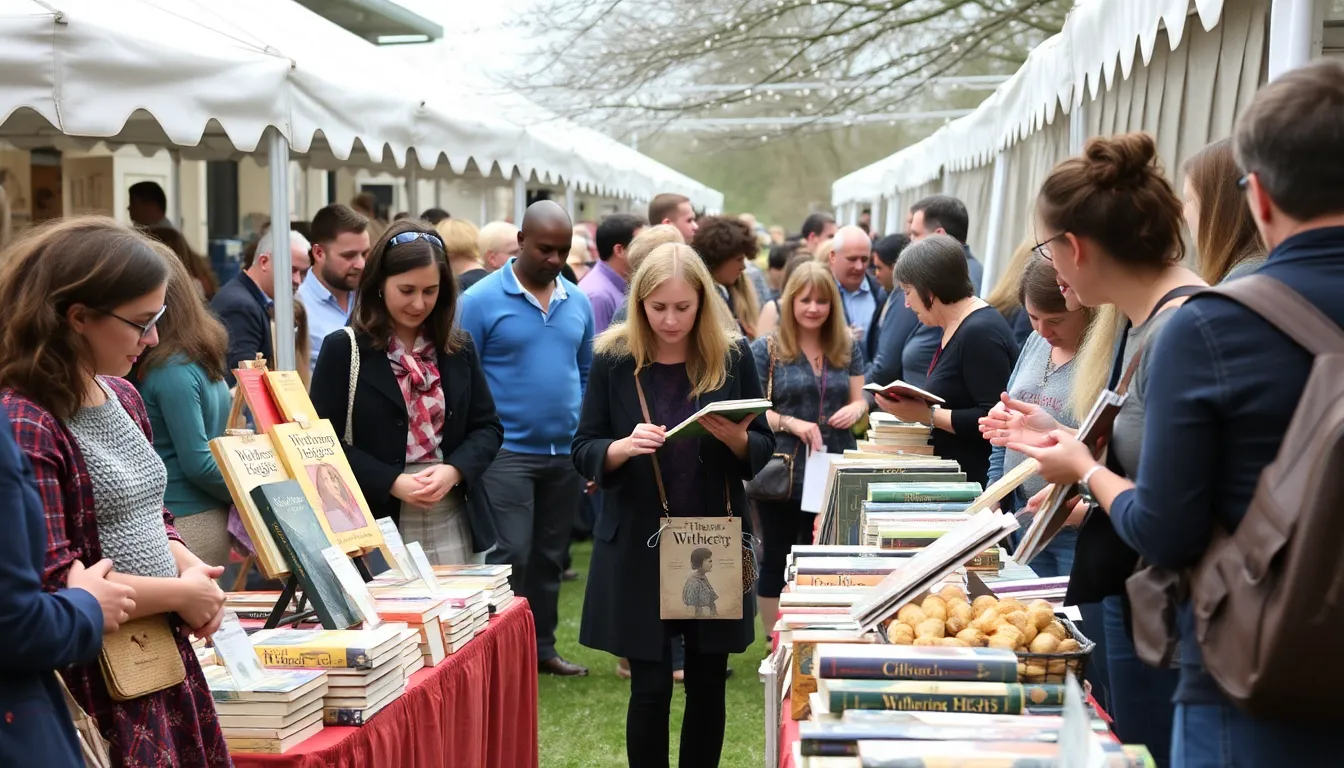 A bustling book fair scene where vendors proudly showcase Wuthering Heights merchandise, illustrating the growing integration of literature into popular consumer culture