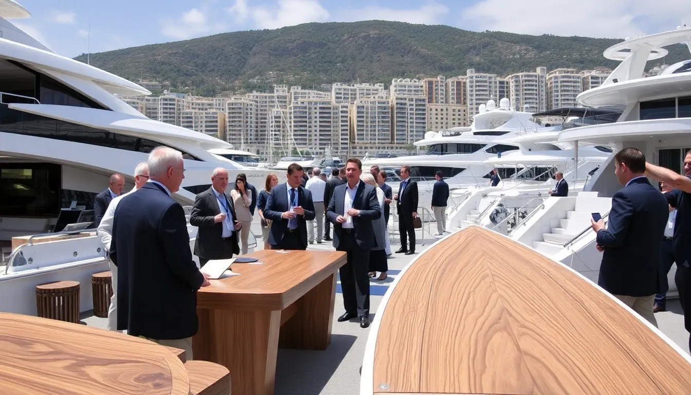 A group of yacht manufacturers discussing sustainable practices during the Monaco Yacht Show, highlighting the industry's commitment to ecofriendly innovations