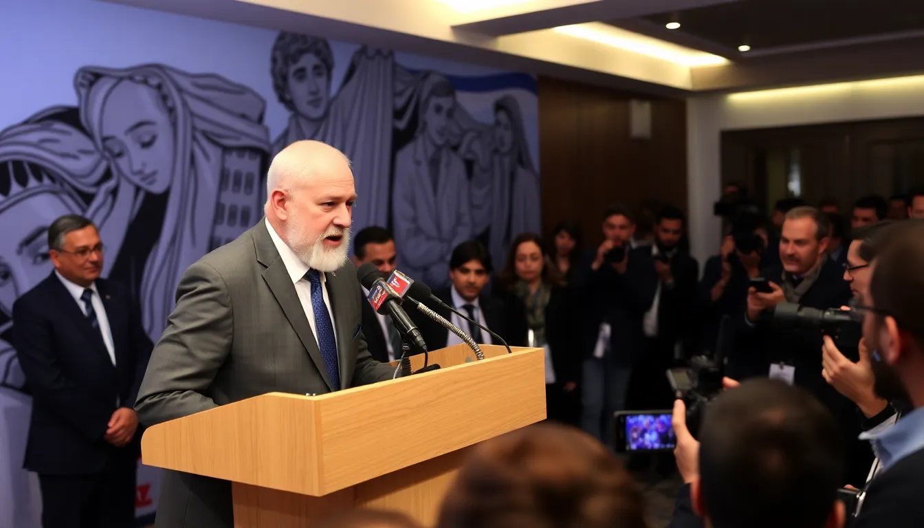 Yair Golan speaks passionately at a podium during a press conference, advocating for a twostate solution amidst a backdrop of escalating tensions in the region.