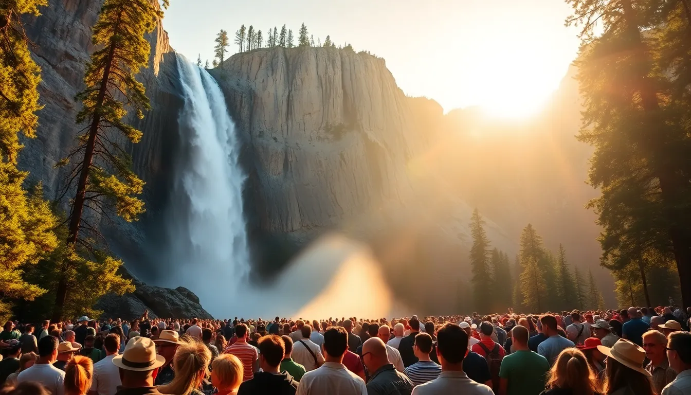 Yosemite's waterfall glows with a vibrant molten orange hue as sunlight reflects off the cascading water, creating a stunning visual effect that draws crowds of visitors.