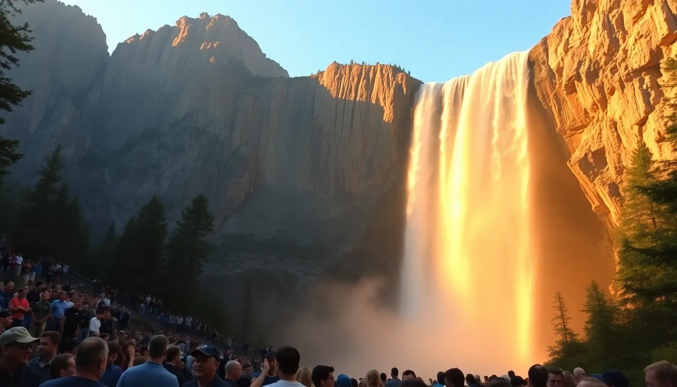 A closeup of the waterfall at Horsetail Fall, showcasing the unique optical illusion created by the sunlight reflecting off the cascading water