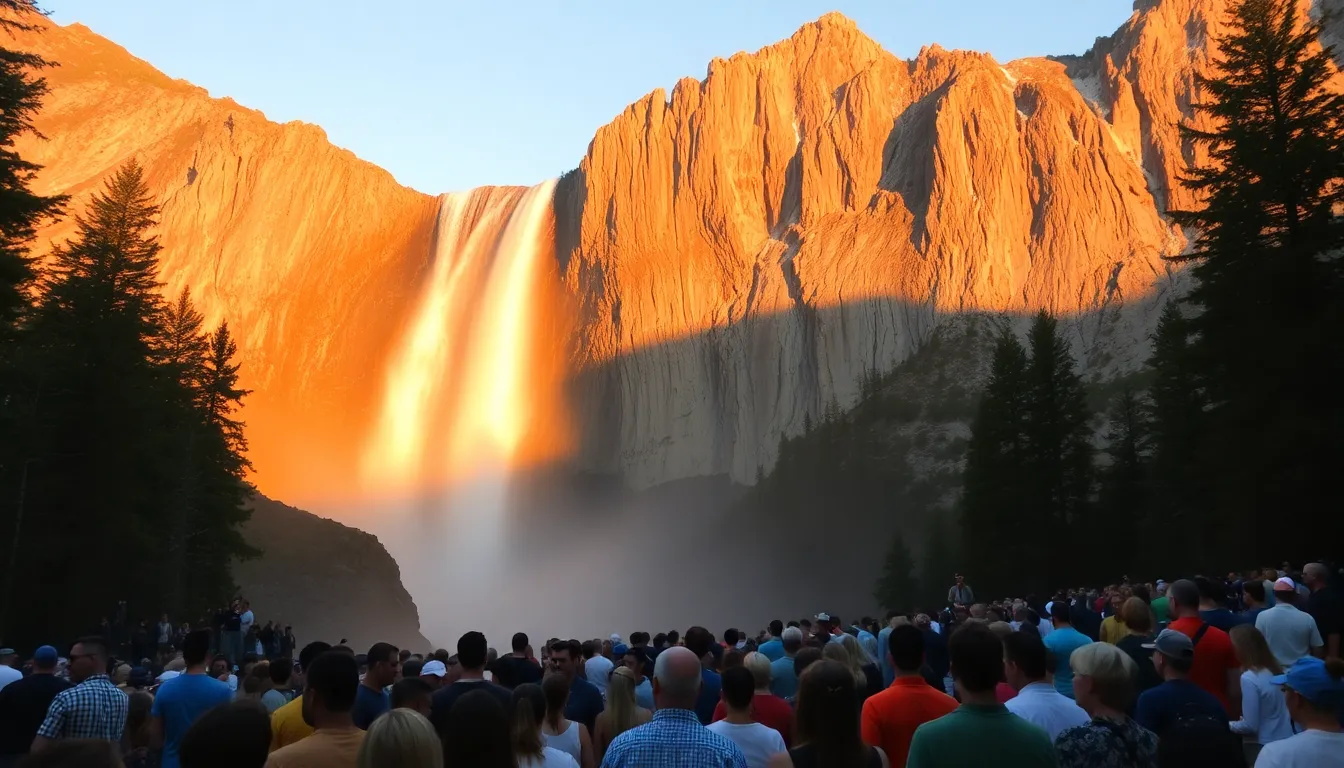 Enthusiastic visitors gathered at the viewpoint, captivated by the breathtaking spectacle of the molten orange waterfall during the peak viewing season
