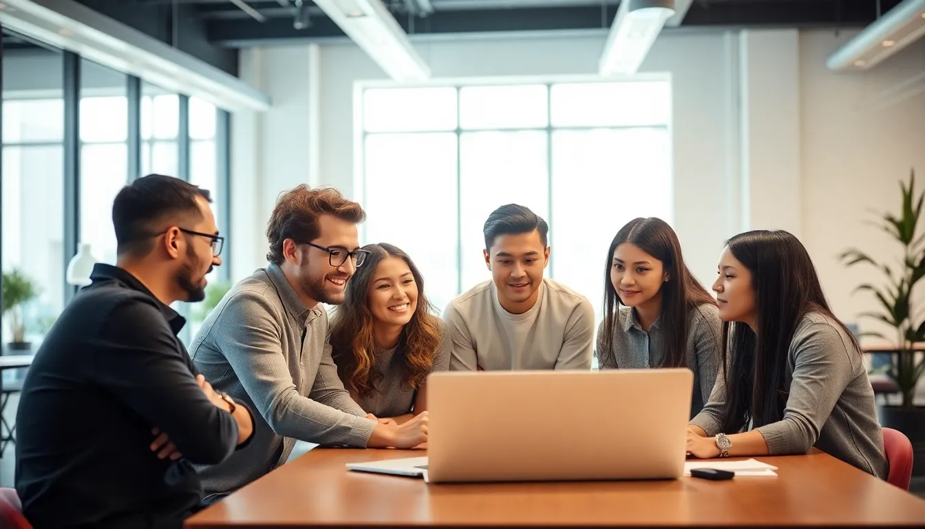 A group of young entrepreneurs collaborates around a laptop in a modern coworking space, discussing strategies for leveraging AI tools to enhance their startup's efficiency.