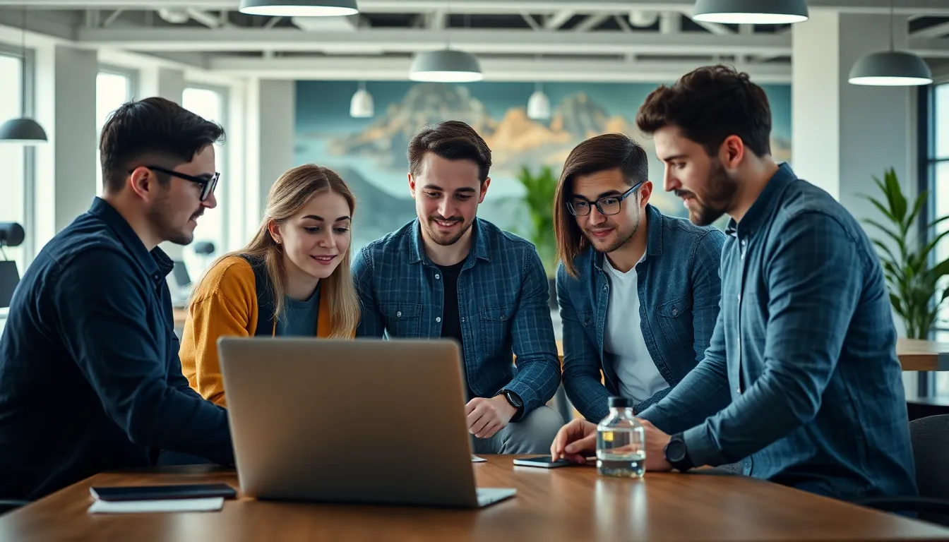 A diverse group of millennial business owners discussing innovative ecommerce strategies in a bustling coworking space