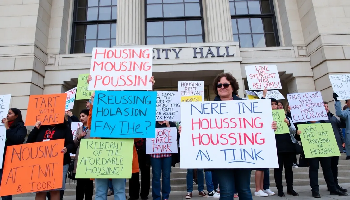A group of housing advocates gathers outside a city hall, holding signs to demand urgent reforms for affordable housing amidst rising rental prices.