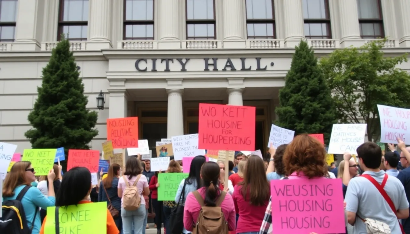 A group of diverse housing advocates gathered at a community meeting, passionately discussing strategies to promote affordable housing in their city
