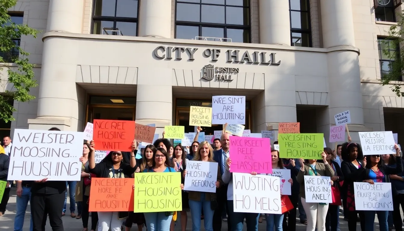 A protest scene with individuals holding signs advocating for housing reforms, illustrating the urgent call for action against the affordable housing crisis