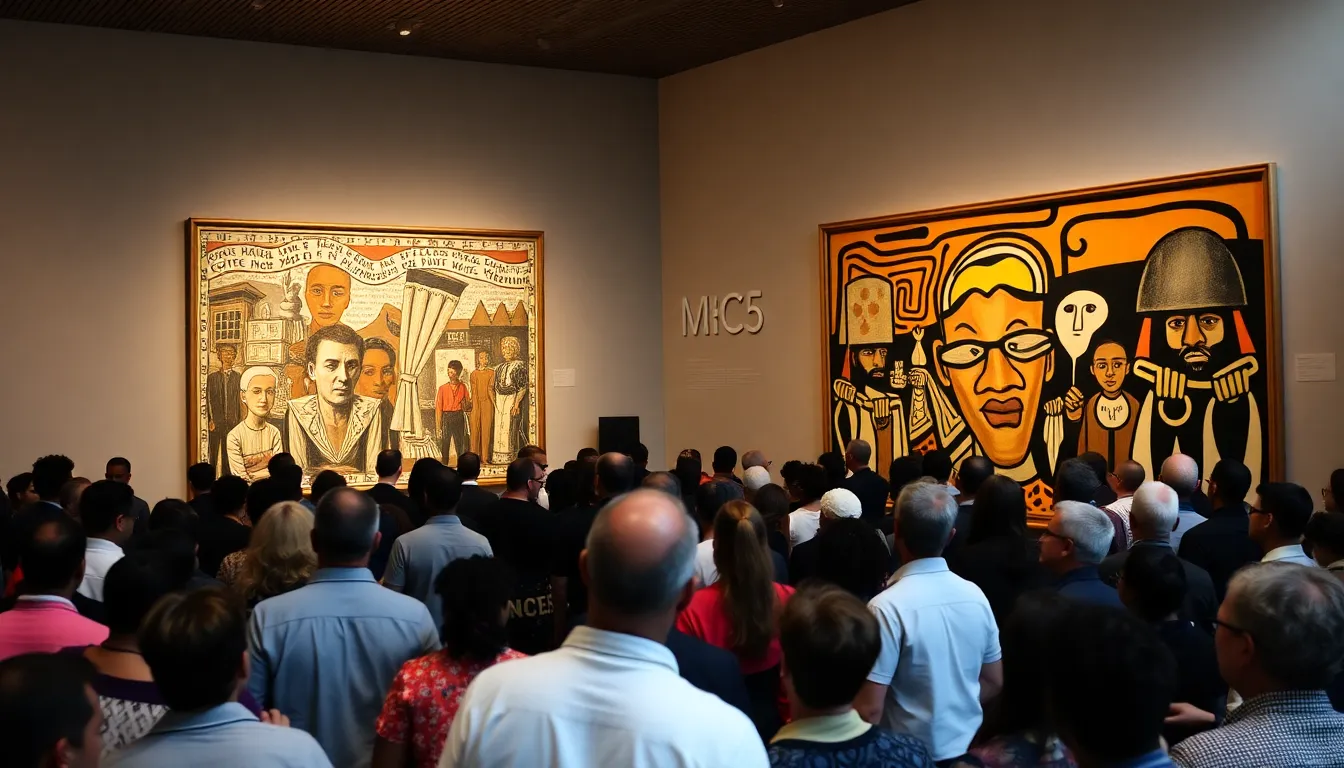 A large crowd gathers in the Museum of Modern Art, admiring the striking juxtaposition of Aimé Mpane's African Guernica and Pablo Picasso's Guernica, both artworks provoking deep reflections on colonial violence and oppression.