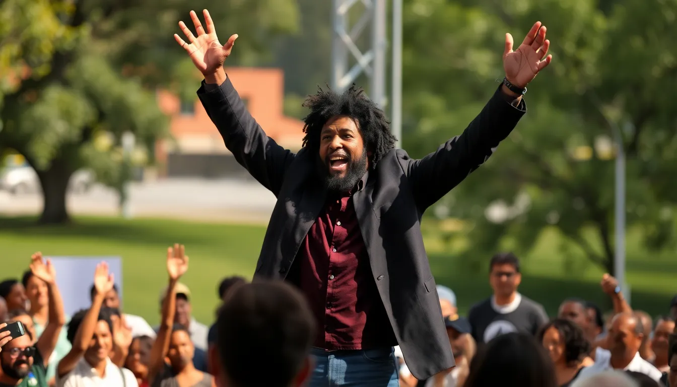 Afroman stands triumphantly on stage with his arms raised, celebrating his legal victory regarding songs that mock law enforcement, as supporters cheer in the background.