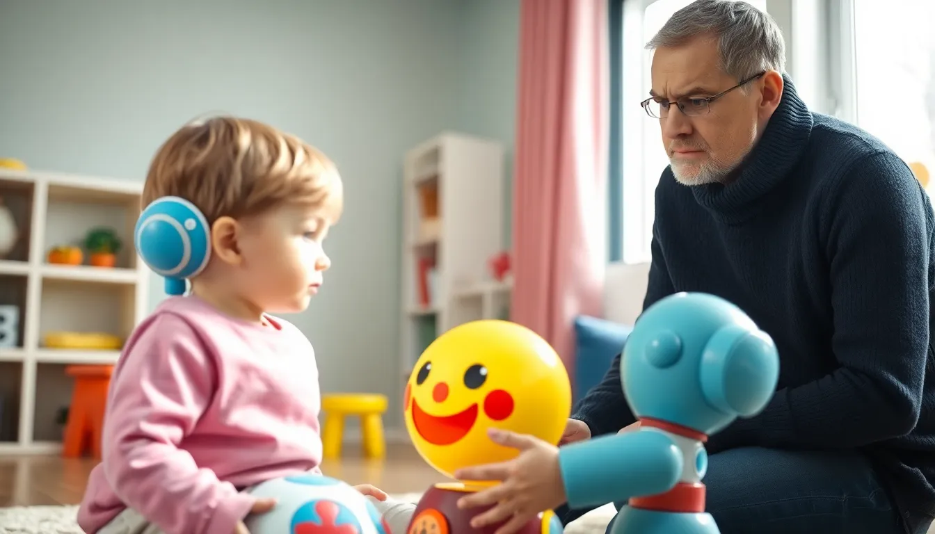 A child interacts with a colorful AI toy that displays a smiling face, while a concerned parent observes nearby, highlighting the growing concerns about emotional misinterpretation in AIpowered playthings.