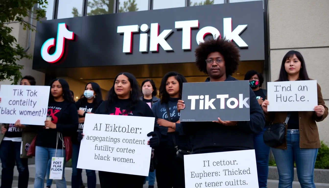 A group of concerned activists gathers outside TikTok's headquarters, holding signs that demand accountability for the platform's handling of AIgenerated content that exploits black women.