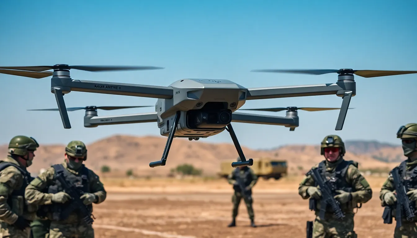 A military drone equipped with advanced artificial intelligence technology hovers above a training ground, showcasing the evolving landscape of modern warfare.