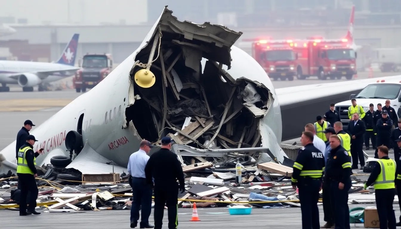 Investigators from the National Transportation Safety Board examine the site of the Air Canada jet collision, focusing on safety protocols and communication issues
