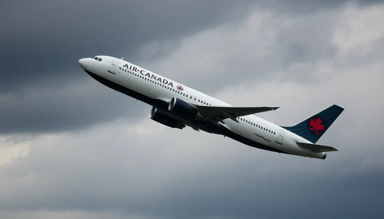 An Air Canada plane is seen descending rapidly towards LaGuardia Airport, with dark clouds indicating adverse weather conditions in the background.