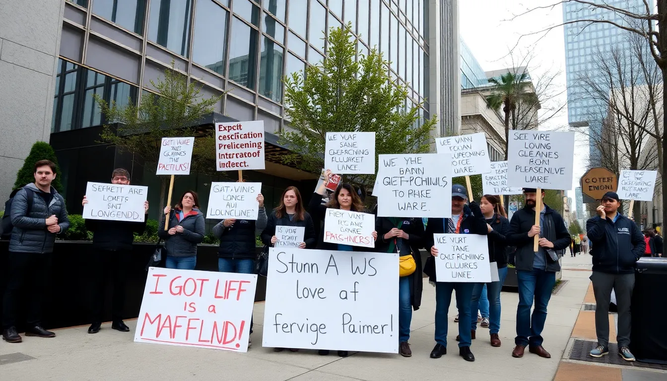 A group of tech industry workers stands outside a corporate office building, holding signs that protest recent layoffs attributed to a shift towards artificial intelligence.