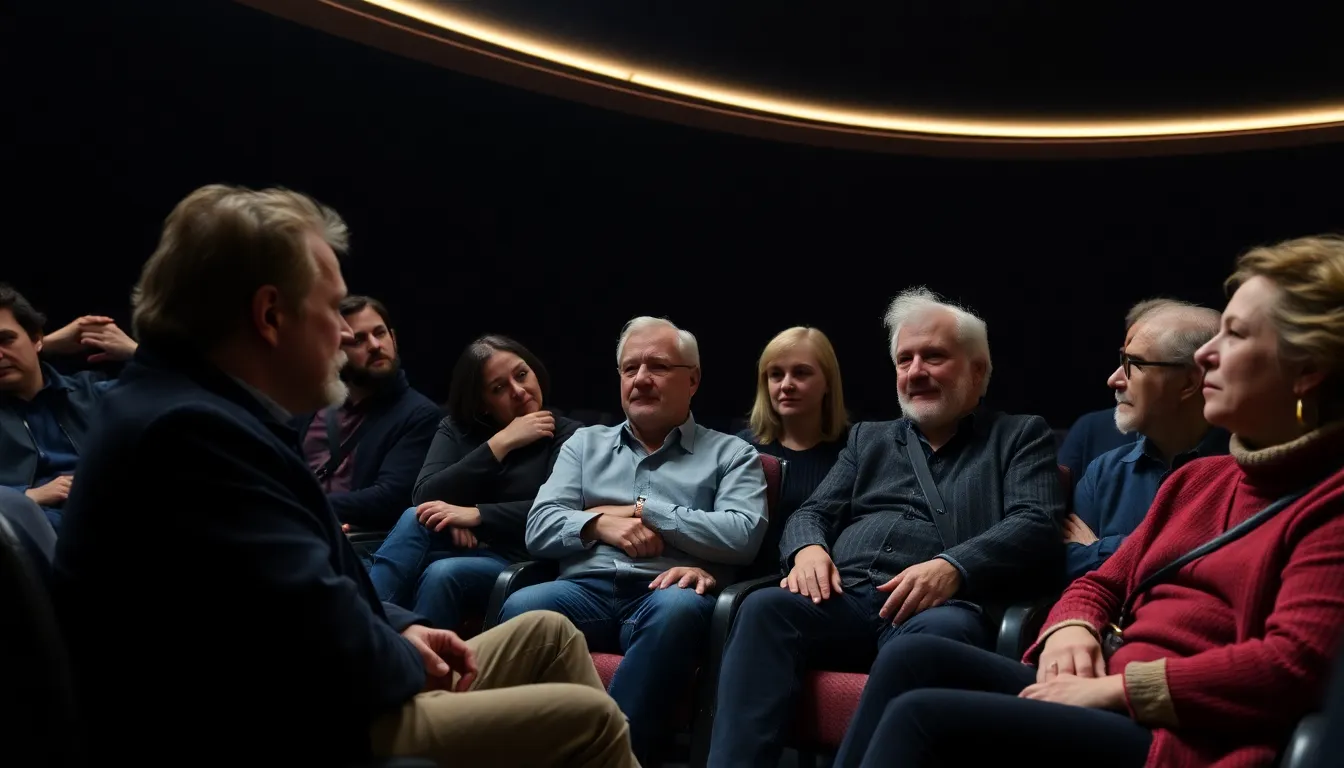 A group of filmmakers and cinephiles gather in a dimly lit theater, sharing memories and discussing the profound impact of Alexander Kluge on German cinema following the announcement of his death at 94.