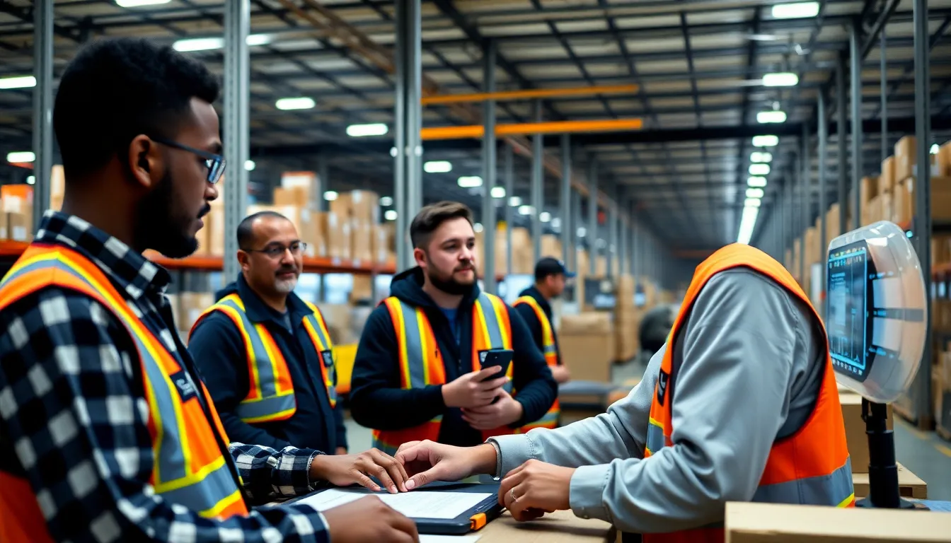 Workers at an Amazon fulfillment center are seen using AIdriven tools to manage inventory while discussing the challenges of adapting to new technologies.