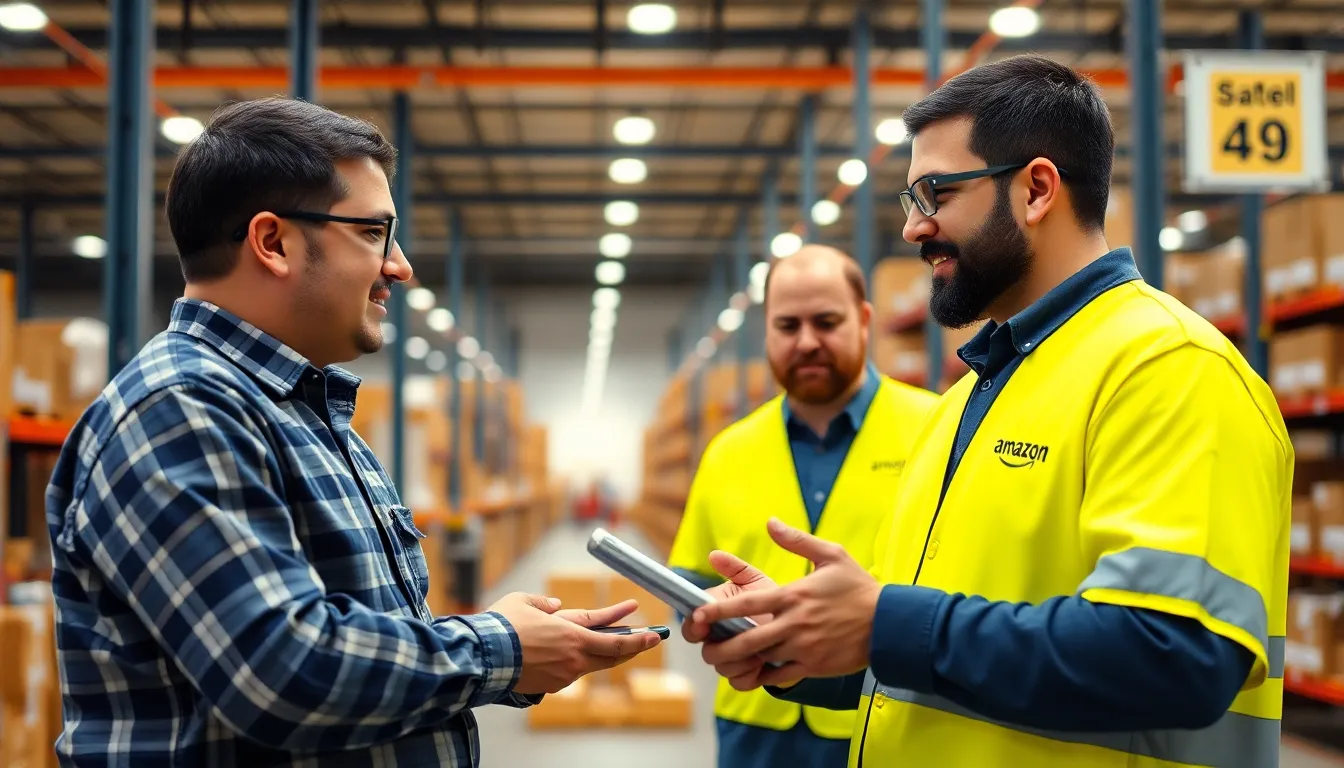 A scene depicting warehouse robotics in action, illustrating the impact of AI on logistics and the ongoing debates about job displacement among workers