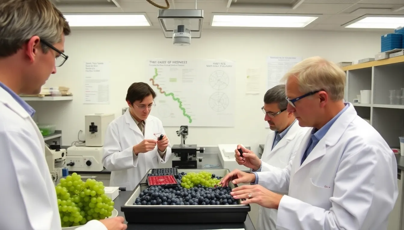 Researchers examine ancient grape samples in a laboratory, highlighting the genetic lineage that connects modern wine varieties to their historical roots.