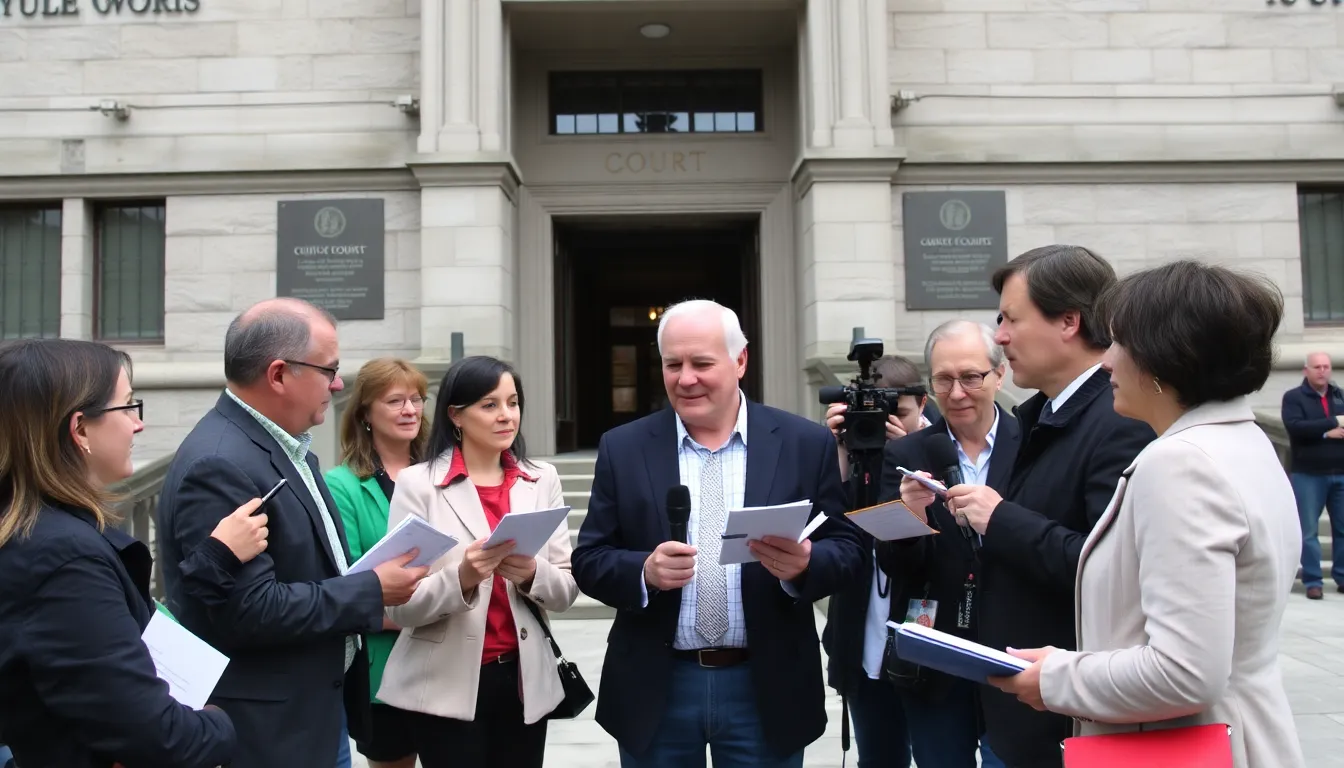 A group of journalists gathers outside a courthouse, discussing the latest developments in the ongoing investigation into Prince Andrew's connections with Jeffrey Epstein and a newly identified third individual.