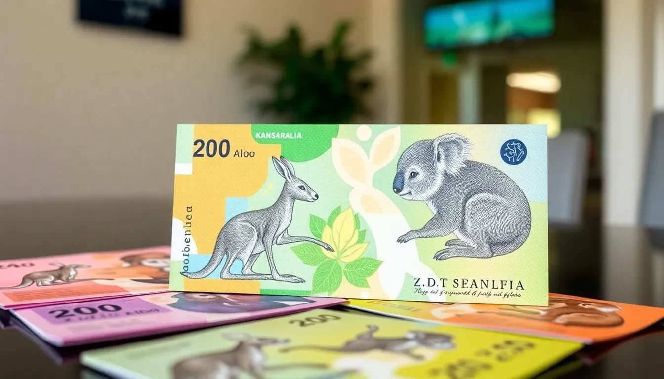 A colorful new banknote featuring a kangaroo and a koala is displayed alongside traditional currency, highlighting Australia's shift towards celebrating native wildlife.