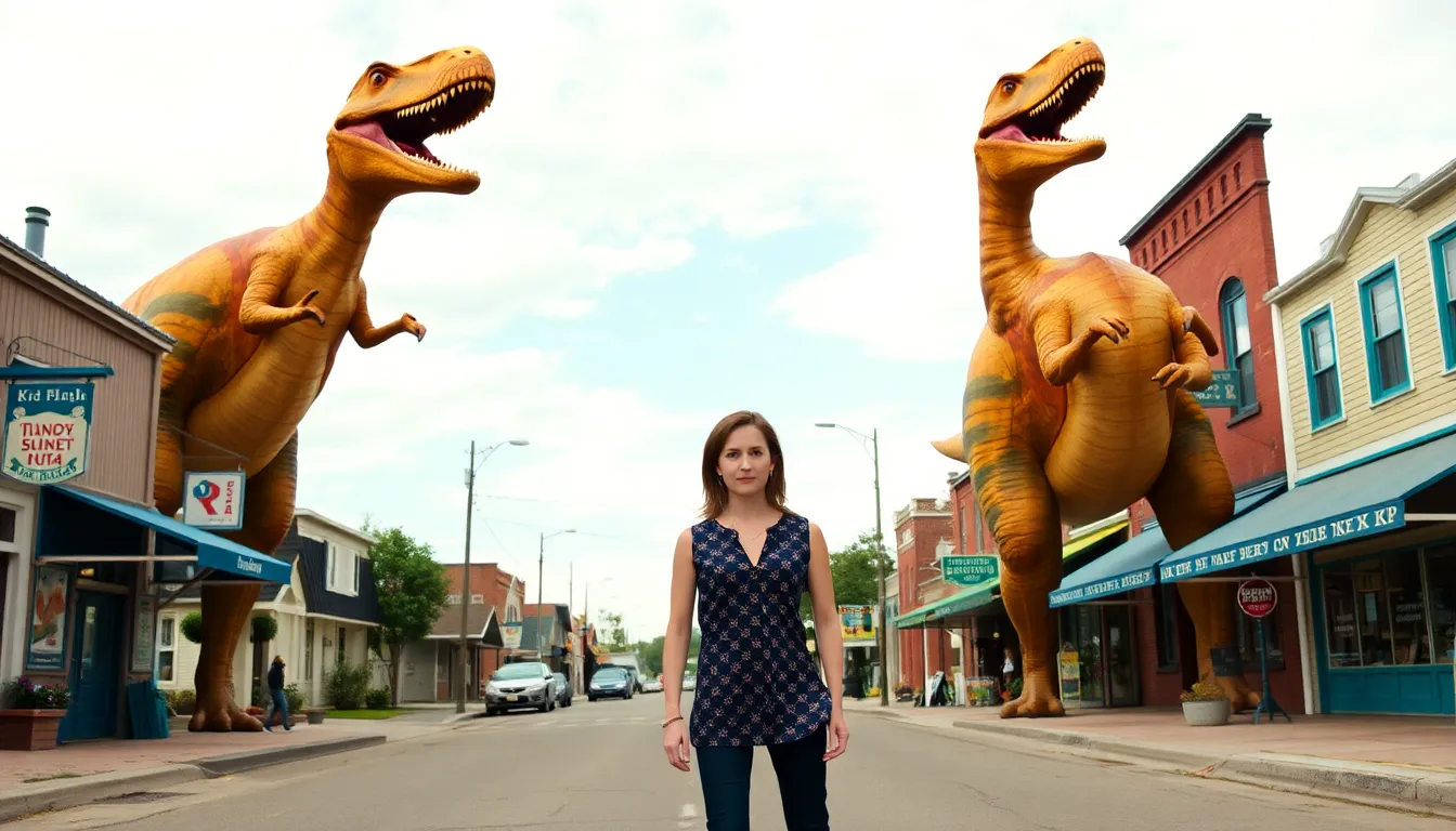 Anne Hathaway stands confidently in a small town street, surrounded by towering dinosaurs as she prepares to confront the unexpected challenges of her adventure.