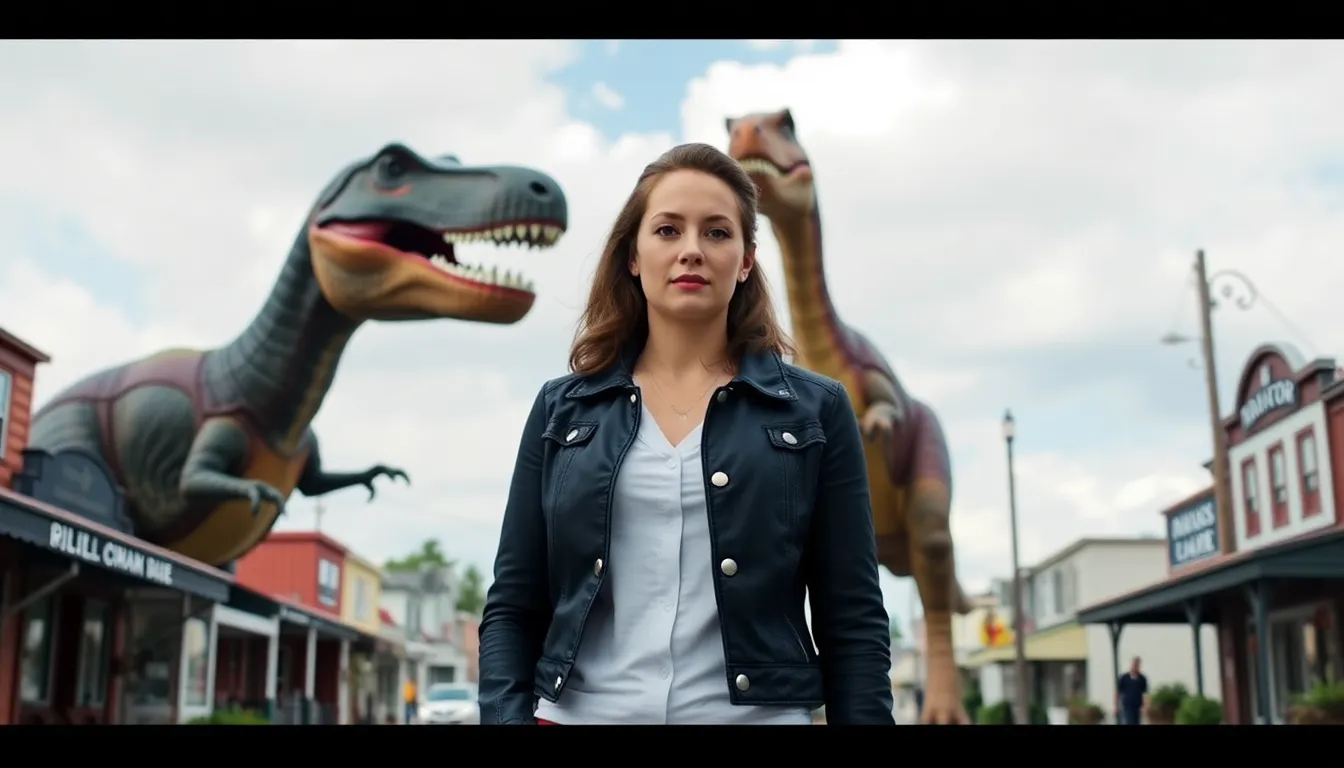 A dramatic scene unfolds as Anne Hathaway navigates through a chaotic landscape filled with dinosaurs, emphasizing the film's thrilling adventure elements