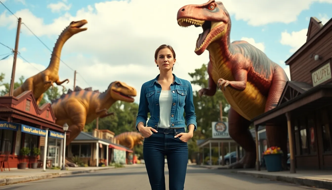 A vibrant shot captures the small town backdrop, with dinosaurs roaming freely, setting the stage for the film's unique blend of adventure and science fiction