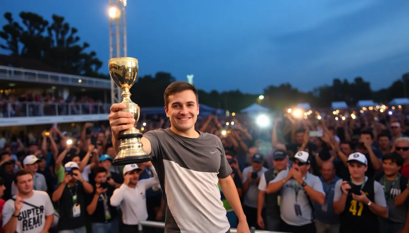 Antonelli celebrates his recent victory in a highstakes competition, surrounded by supporters and media capturing the moment of his success.